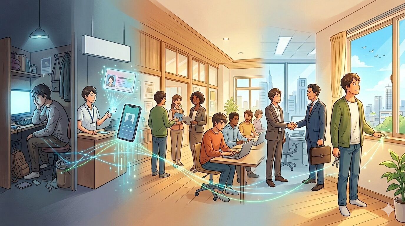 ネットカフェ難民問題における、問題解決までの手順書